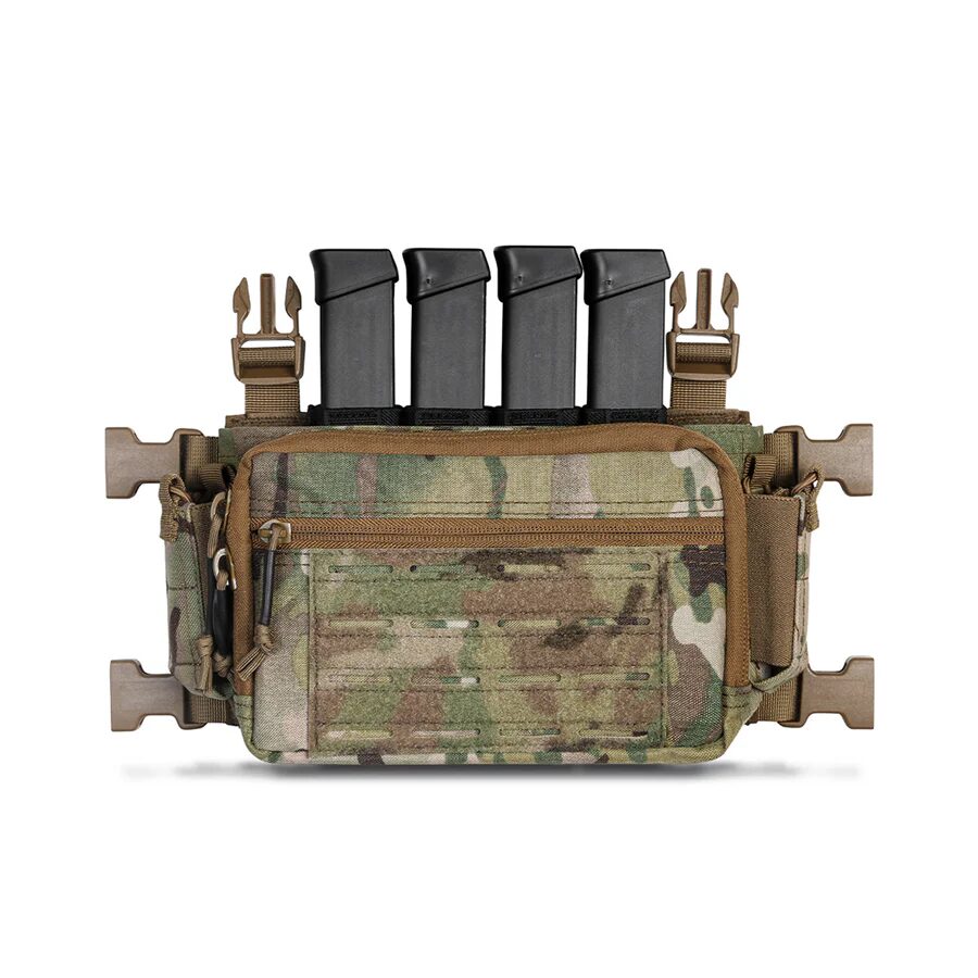 ACETAC Submachine Gun Magazine Insert Glock / MP5 in a multi-cam tactical chest rig with four submachine gun magazines inserted in the top pouches.