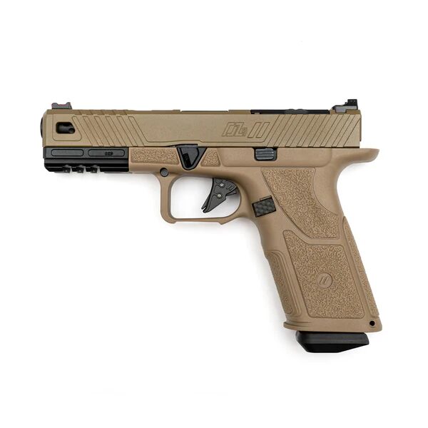 PTS ZEV OZ9 Elite (Standard version) Gas Blowback Pistol in tan with a black slide front, trigger, and magazine base.