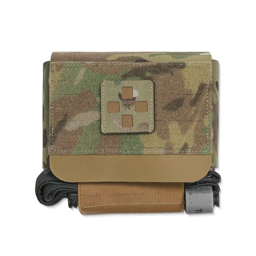 ACETAC R.A.T.S. Rapid Aid Trauma Sleeve - Multicam featuring a camouflage trauma sleeve with a square medical patch and an attached tourniquet.