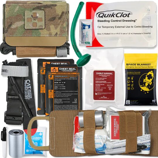 Contents of the ACETAC R.A.T.S. Rapid Aid Trauma Sleeve - Multicam, including a camouflage sleeve, tourniquet, two chest seals, QuikClot dressing, nasopharyngeal airway, space blanket, gloves, and medical tape.