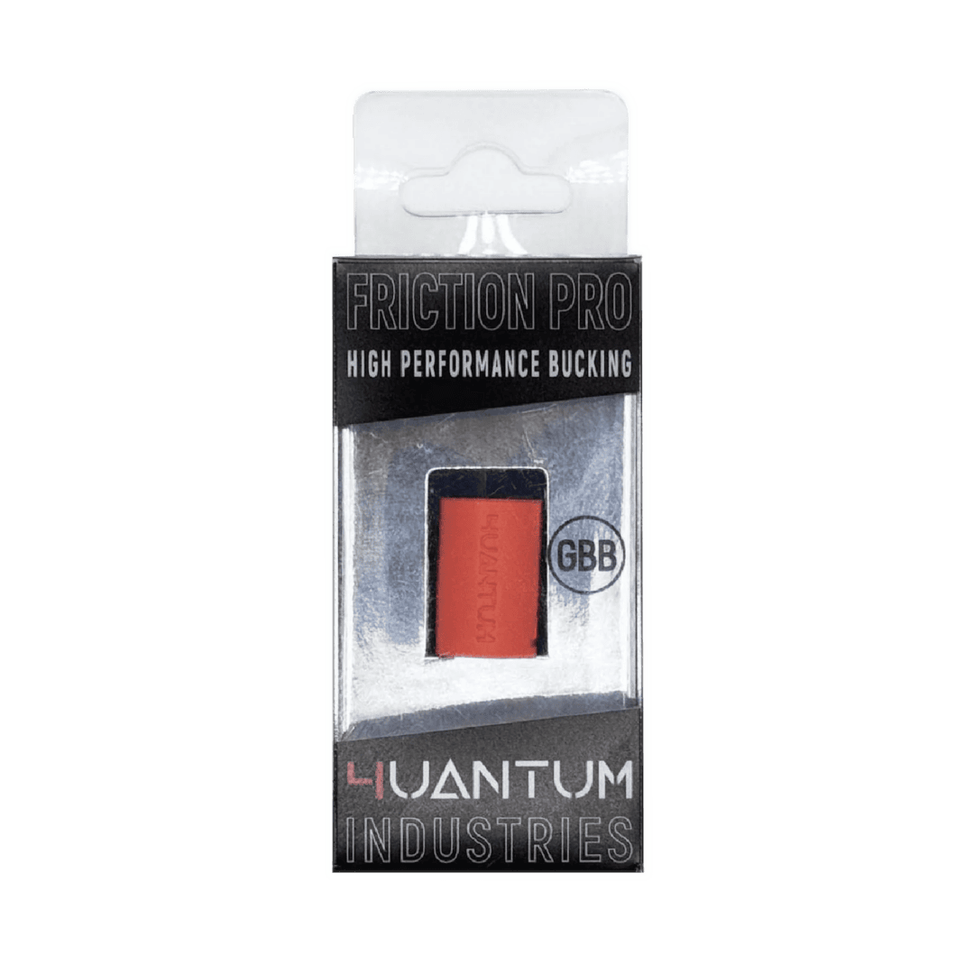 A red 4UANTUM Friction Pro-High Performance GBB Bucking inside silver and black retail packaging.