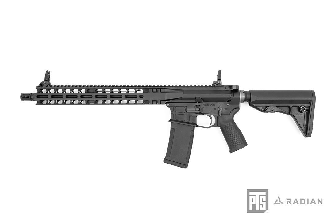 KWA Radian Model 1 Gas Blow Back Rifle, a black gas blowback rifle with a long ventilated handguard, flip-up sights, and an adjustable stock.
