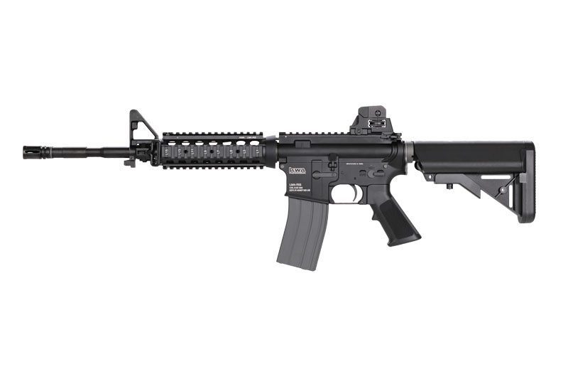 KWA LM4 RIS PTR gas-powered rifle in black, featuring a rail system, a mounted reflex sight, and an adjustable stock.