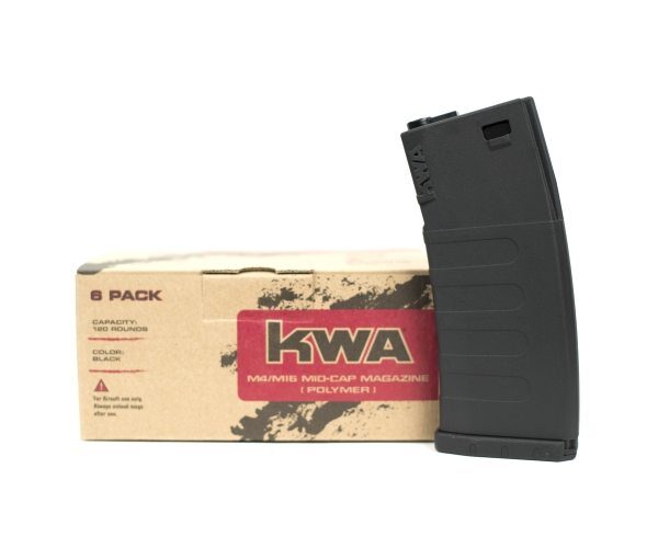 Black KWA K120 Mid-Cap Magazine 6-Pack: Black mid-cap polymer magazine standing in front of its cardboard packaging.