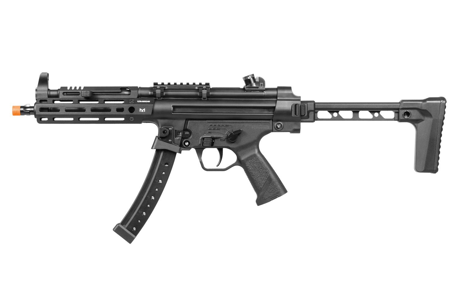 Black G&G TGM R5 ETU submachine gun airsoft rifle with a ventilated handguard, orange-tipped barrel, and a retractable skeletal stock.