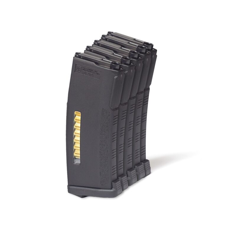Five black PTS EPM-MTW M4 Magazine for MTW/Article Series rifle magazines stacked vertically, showing a visible window with brass-colored ammunition.