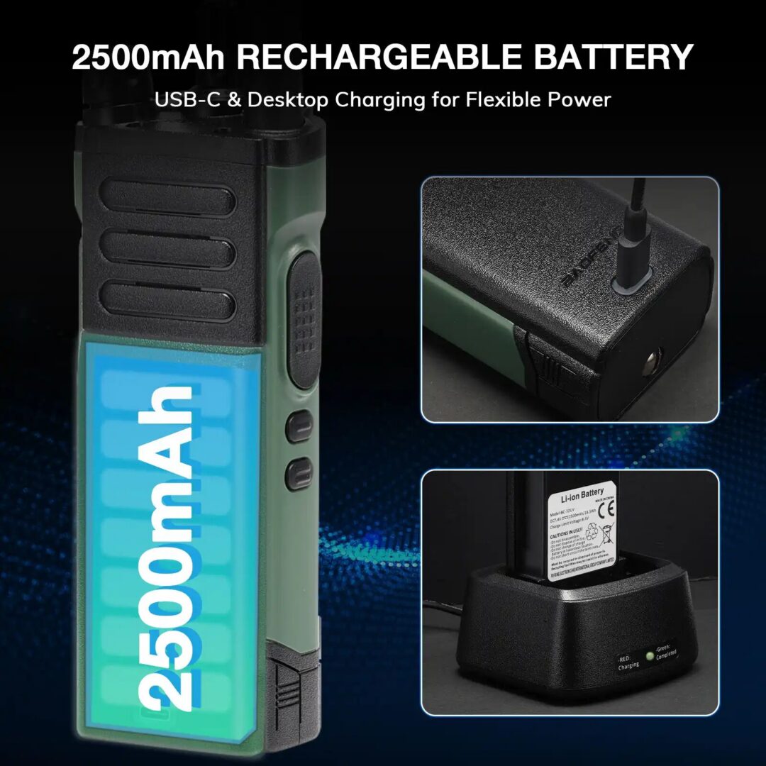 UV-32 GPS two-way radio showing battery life, a USB-C charging port, and a desktop charging cradle with text detailing its 2500mAh rechargeable battery and flexible charging options.