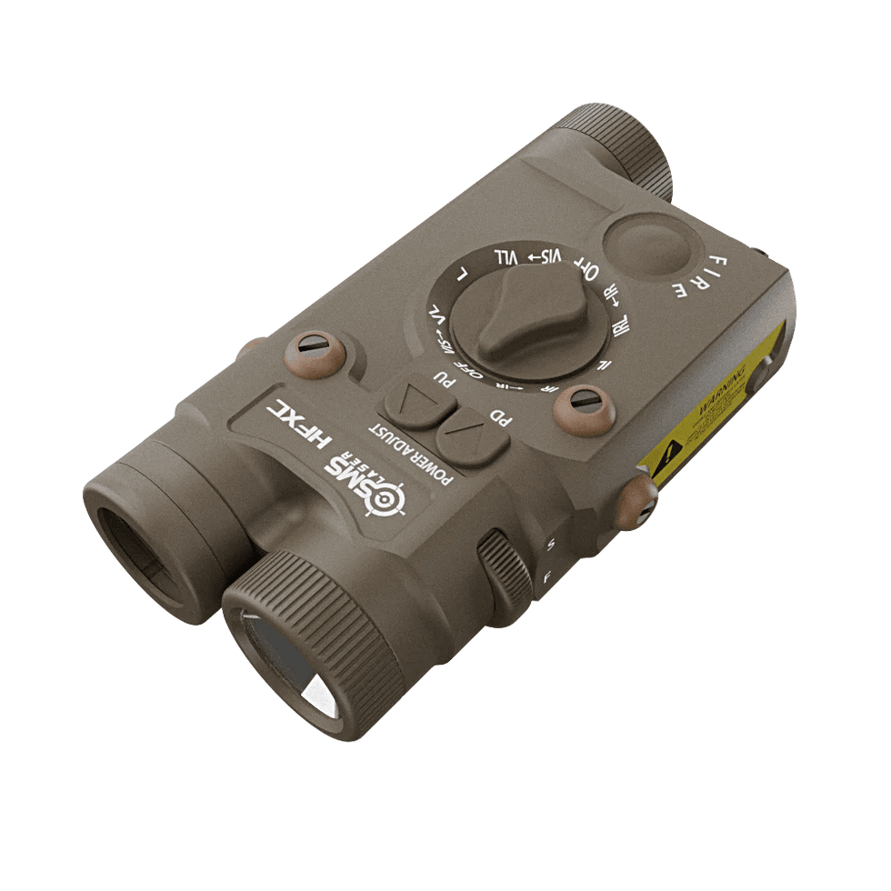 Tan SMS Laser HFXC aiming device with a top-mounted mode selector dial, power adjustment knobs, and a yellow warning label on the side.