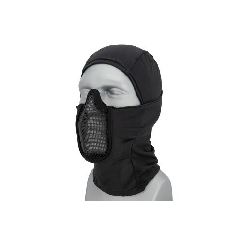 Lancer Tactical Shadow Warrior Hood Mesh Balaclava Face Mask - Black on a mannequin head, featuring a protective metal mesh guard over the nose and mouth area.