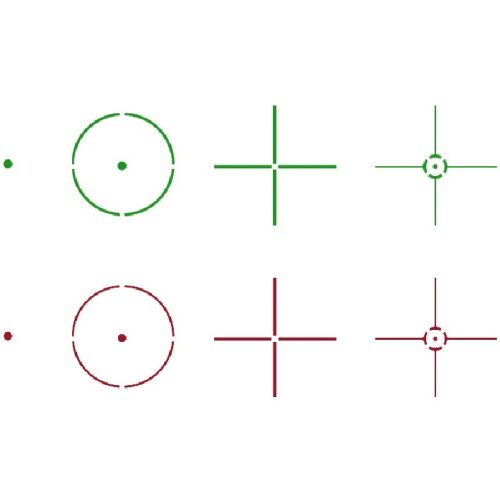 Four reticle patterns for the Lancer Tactical Red / Green Dot Reflex Sight w/ 4 Reticles shown in green on top and red on bottom, including a dot, circle with center dot, crosshair, and crosshair with circle.