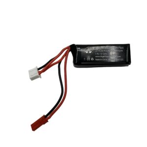 HPA 7.4v Mini-Brick 300MaH JST LIPO, a small rectangular lithium polymer battery with two wires ending in white and red plastic connectors.