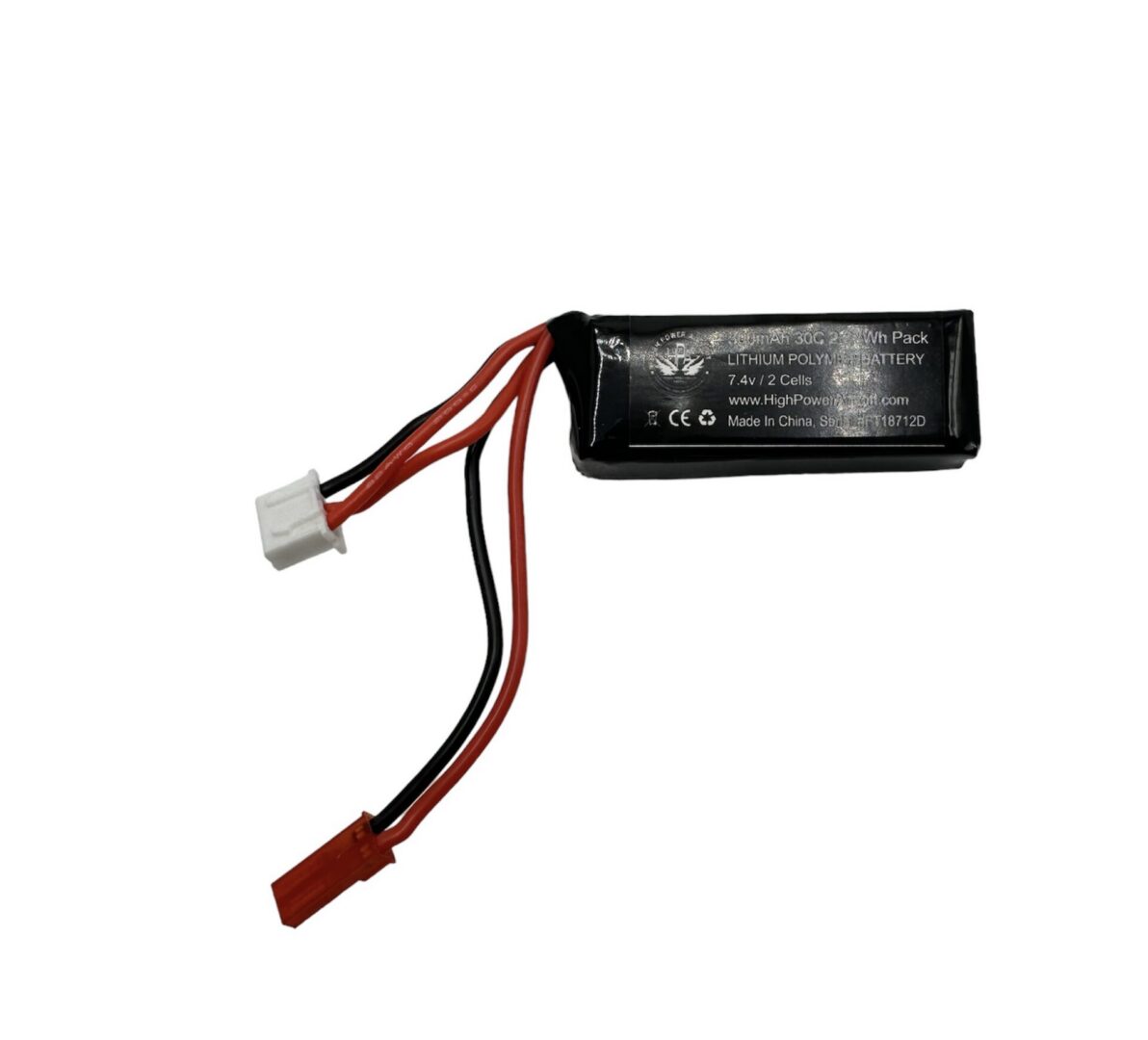HPA 7.4v Mini-Brick 300MaH JST LIPO, a small rectangular lithium polymer battery with two wires ending in white and red plastic connectors.