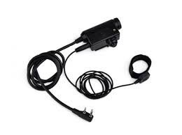 Earmor M52 Kenwood PTT push-to-talk radio adapter featuring a headset connector, a control box, and a finger-mounted remote switch.
