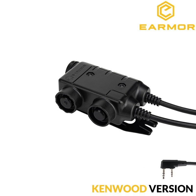 Black Earmore M56-U174 Kenwood radio push-to-talk adapter with a side-mounted clip, dual ports, and a connector cable.