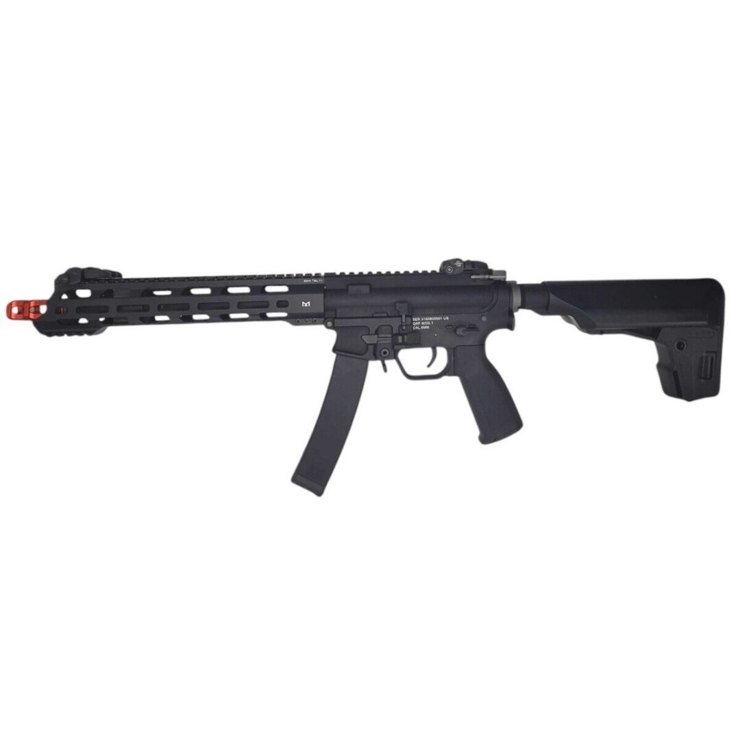 Black KWA QRF MOD1 M 10 inch – AEG Variable electric airsoft rifle with a long ventilated handguard, straight magazine, collapsible stock, and orange-tipped barrel.