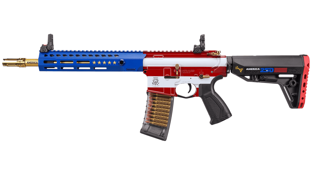 G&G TR16 GMS MK1 9”America’s 250th Edition M4-style airsoft rifle with a red, white, and blue finish, stars, stripes, and “America 250” text on the stock and receiver.