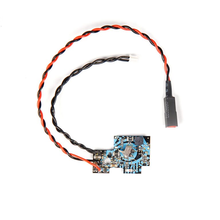 The INFERNO XTS for AEG is a small, blue circuit board connected to a twisted red and black wire ending in a plug.