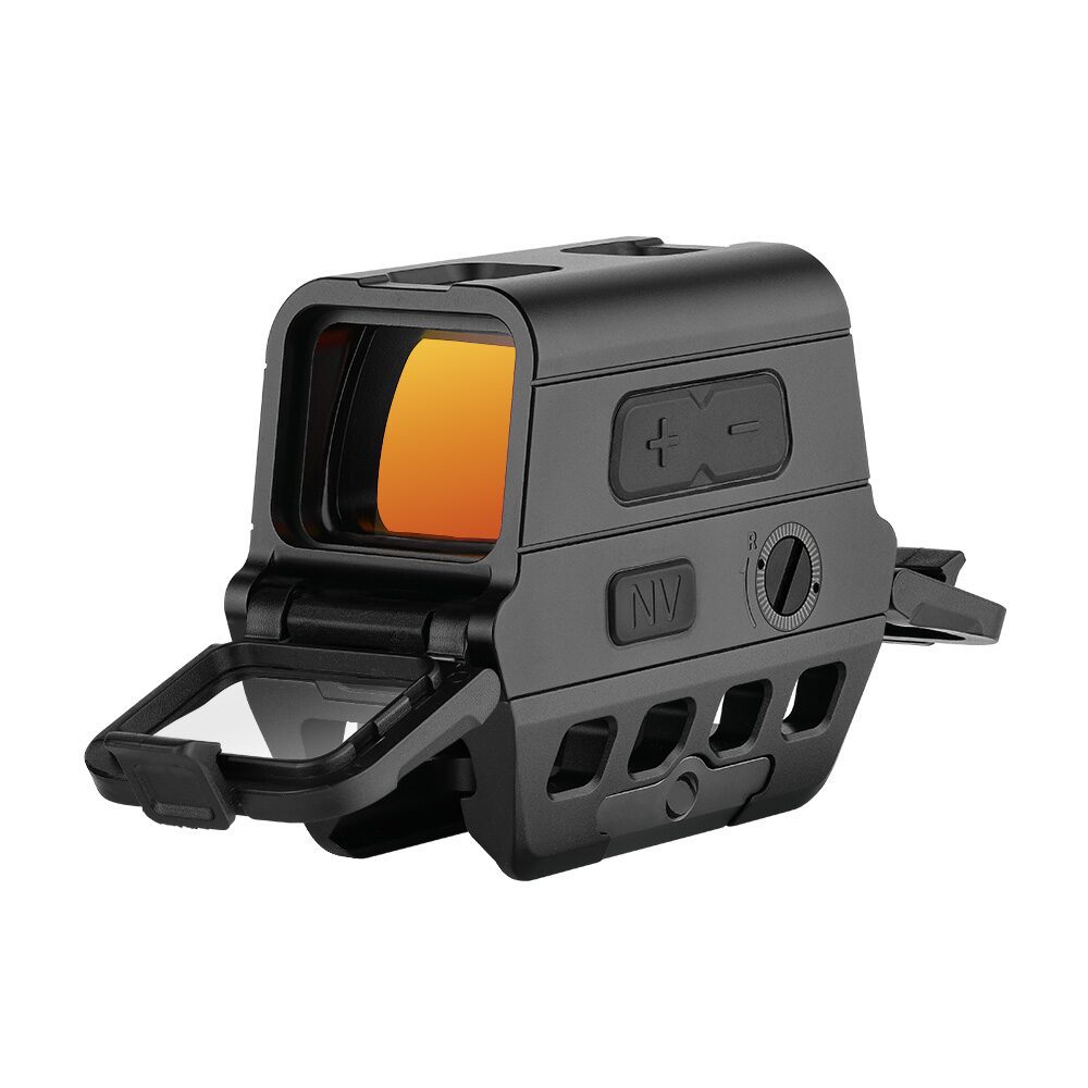 Osight R Micro T1/T2 Footprint Enclosed Red Dot Sight, a black enclosed red dot sight featuring an orange objective lens and a flip-down lens cover.