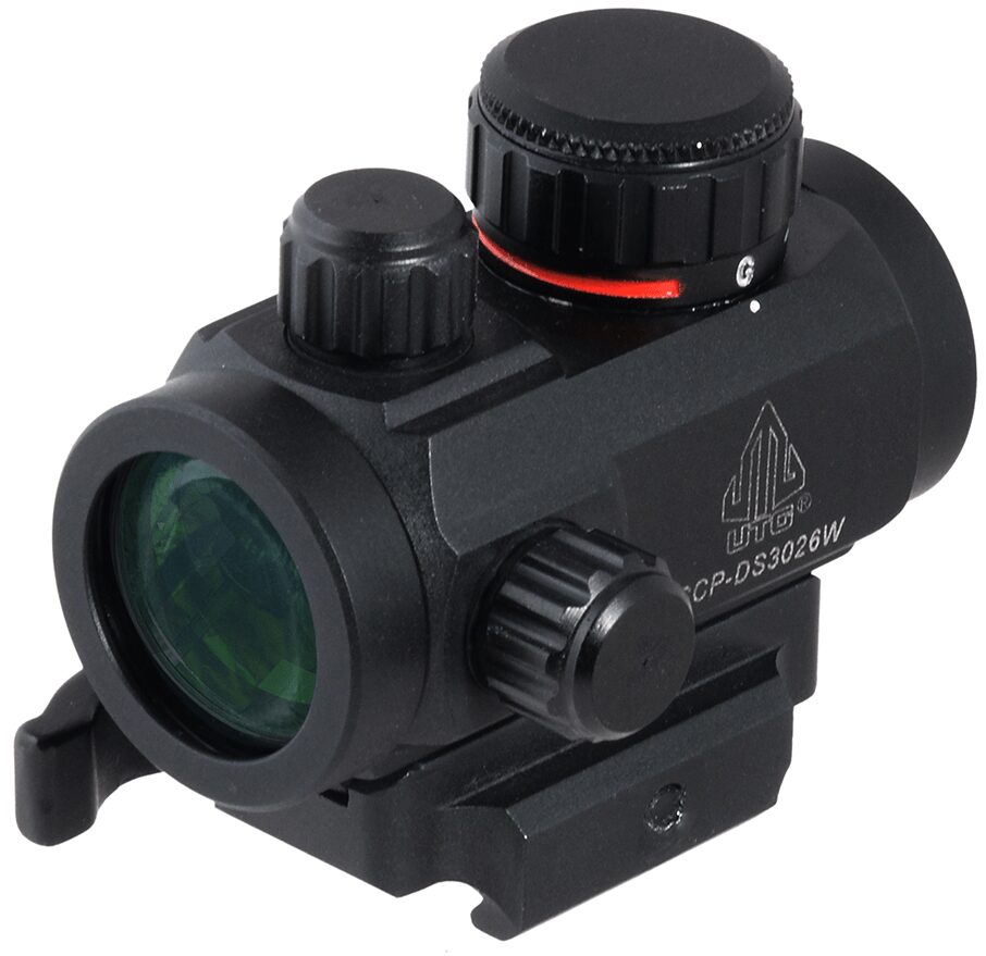 UTG® 2.6″ ITA Red/Green CQB Micro Dot with integral quick-detach mount, black finish, and adjustment dials.