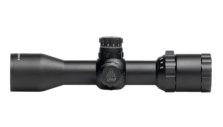 Black UTG BUG BUSTER® 3-12X32 1″ Scope with adjustable objective, magnification rings, and elevation turrets.
