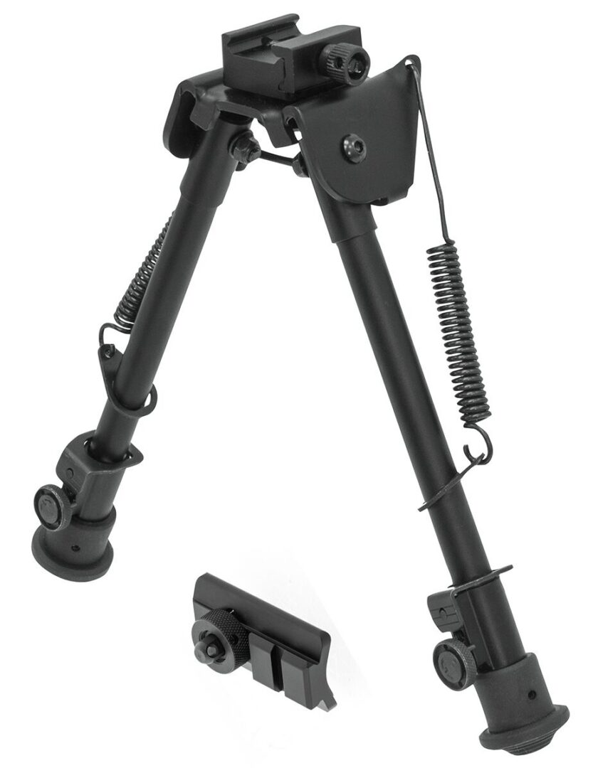 Black UTG® Tactical OP Bipod with extendable legs, rubber feet, and a separate mounting base.
