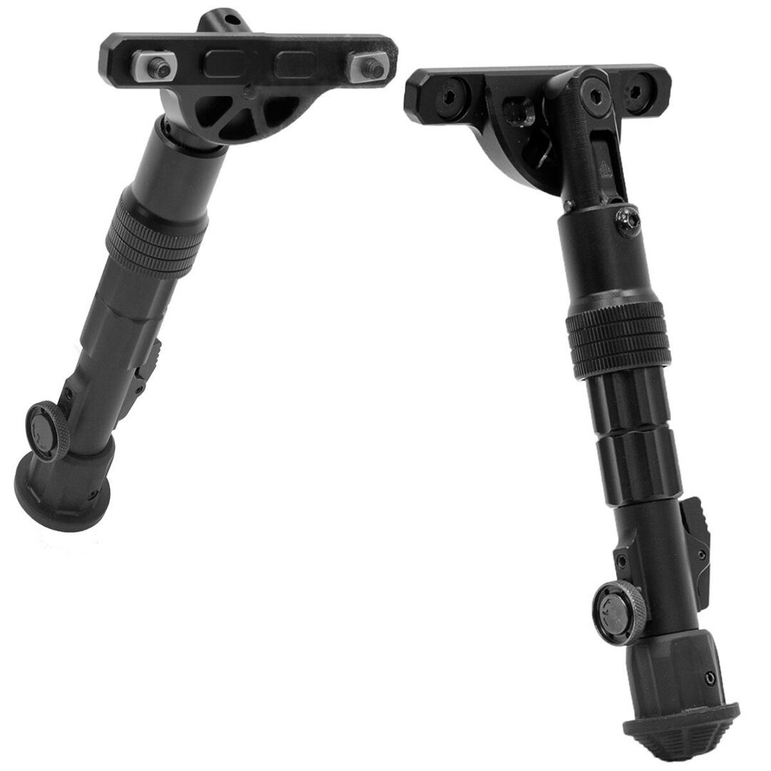 Two black telescoping legs of a UTG® Recon Flex® Bipod, 6″-8″ Center Height, M-LOK® with M-LOK mounting hardware.