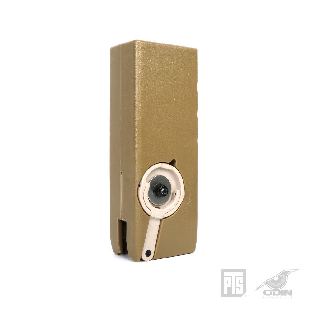 Tan PTS/Odin Innovations M12 airsoft speed loader magazine with a circular winding handle.