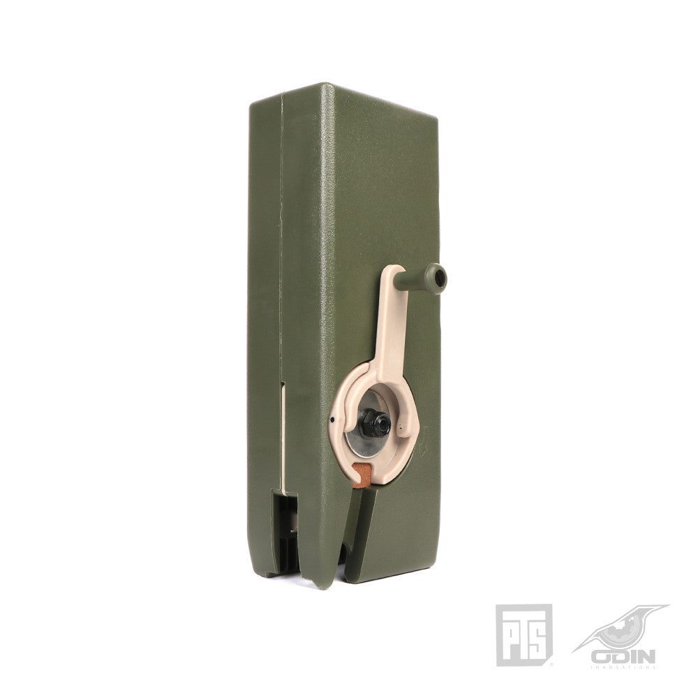 Olive drab PTS/Odin Innovations M12 speed loader with a tan hand crank.