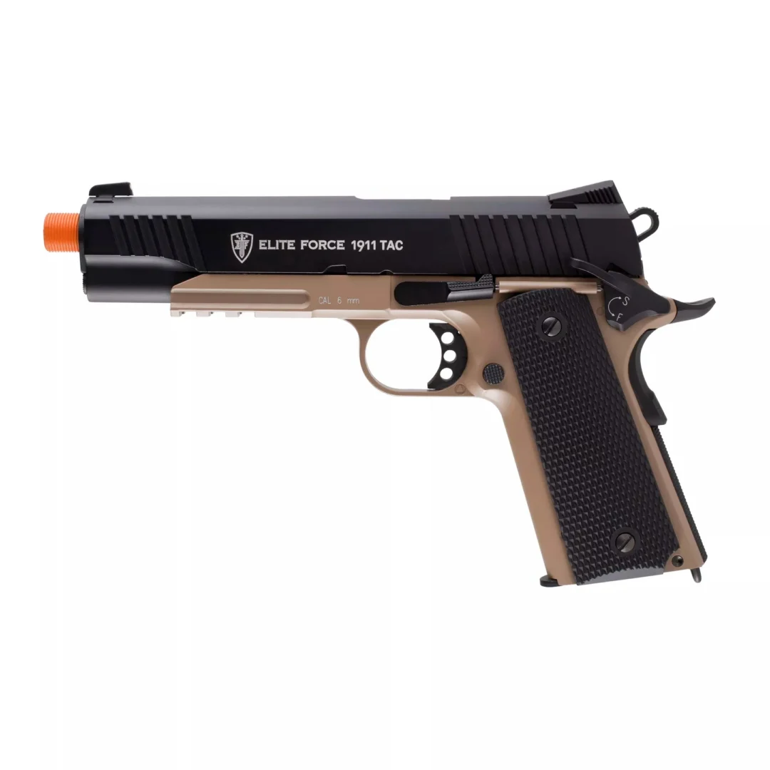 Black and tan ELITE FORCE 1911 TAC C02 GBB semi-automatic airsoft pistol with an orange muzzle tip.