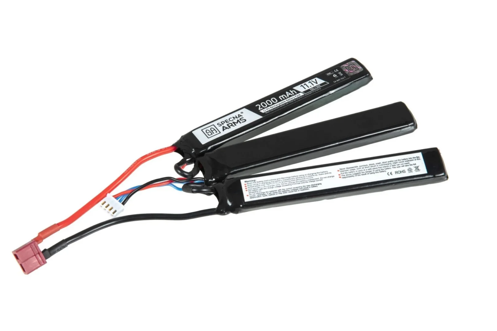 Specna Arms LiPo 11.1V Deans Battery consisting of three rectangular lithium-polymer battery packs connected by wires to a T-style plug and a small white balance connector.
