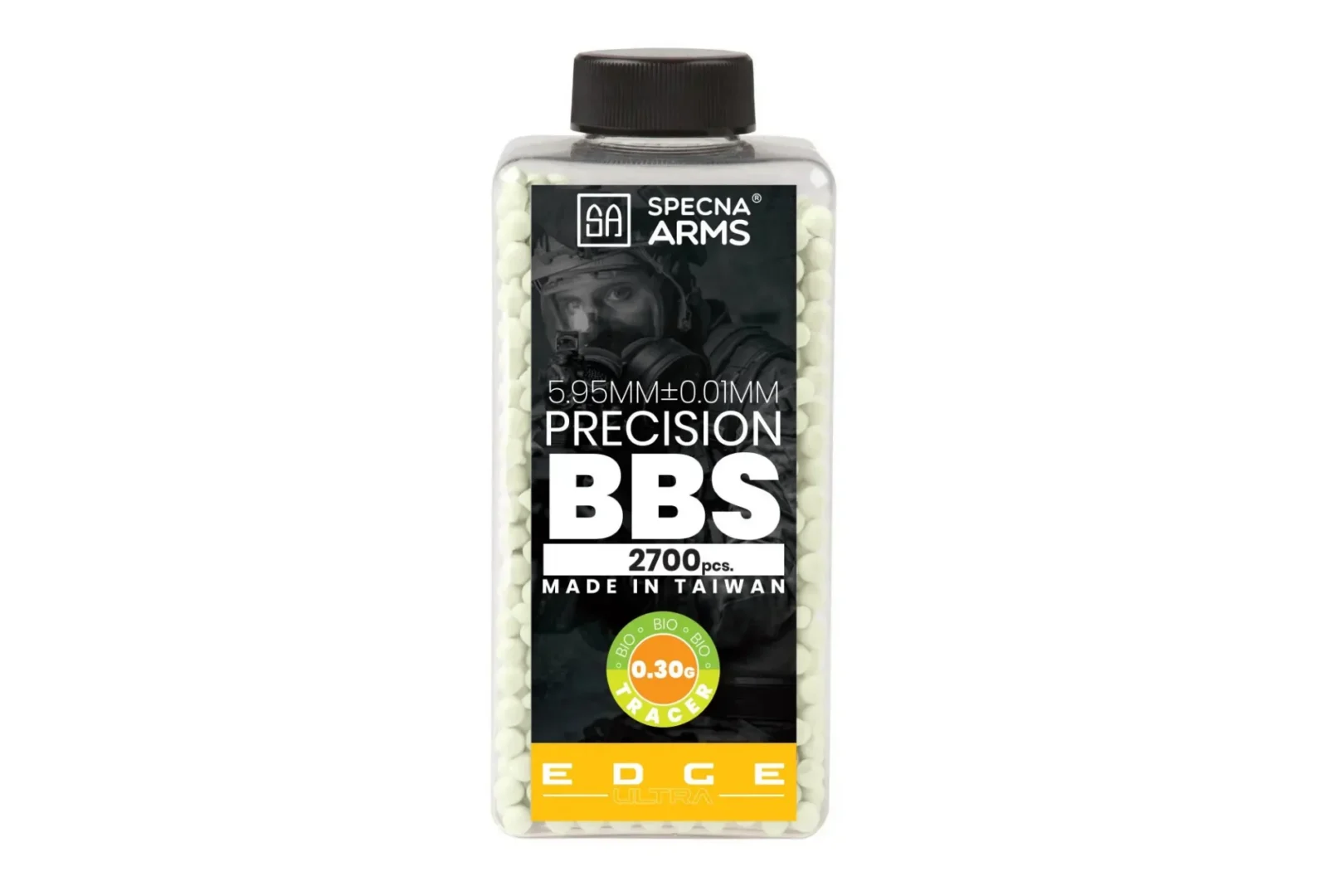 A clear plastic bottle of Specna Arms EDGE ULTRA™ Bio Tracer’s, filled with light green 5.95mm precision BBs, labeled with 0.30g weight and 2700-count quantity.