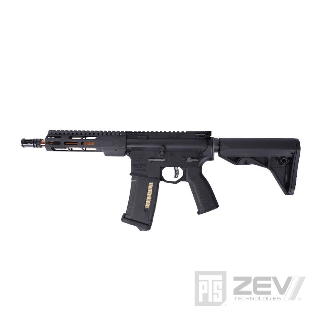 Black PTS ZEV Core Elite Airsoft Electric Guns (AEGs) with a modular handguard, adjustable stock, and a short magazine.