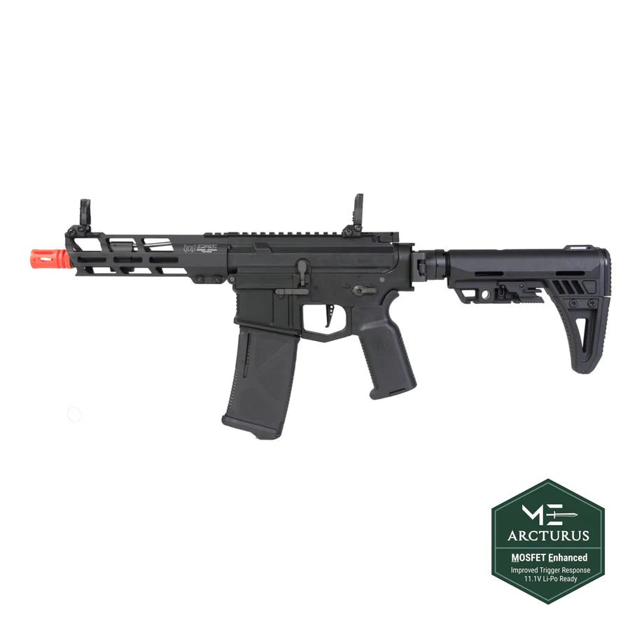 Black Arcturus X C.A.T. AR-15 Versatile AR AEG airsoft rifle with an orange muzzle tip and an adjustable stock.