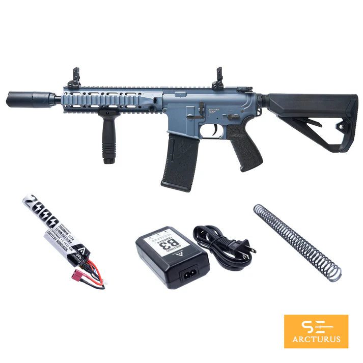 ARCTURUS LWT MK-II CQB 10″ AEG SPORT Starter Pack ARC SE® blue rifle with a suppressor, vertical grip, and flip-up sights, accompanied by a battery, wall charger, and metal spring.