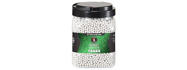 Lancer Tactical Bio BBs 10,000 Round Bucket consisting of a clear plastic bucket with a black lid and green label, filled with white plastic airsoft BBs.