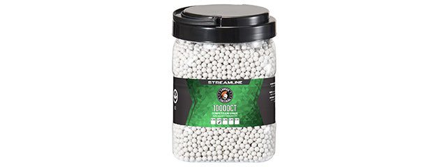 A Lancer Tactical Bio BBs 10,000 Round Bucket filled with white airsoft BBs.