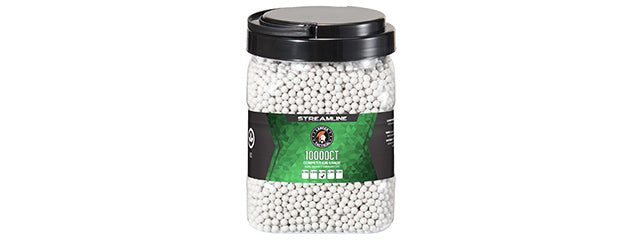 Clear plastic bucket of Lancer Tactical Bio BBs 10,000 Round Bucket, filled with white BB pellets and featuring a black screw-on lid with a label marked 10000CT.