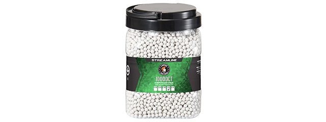 A clear plastic bucket of Lancer Tactical Bio BBs 10,000 Round Bucket filled with white airsoft BBs, featuring a black lid and a green label.