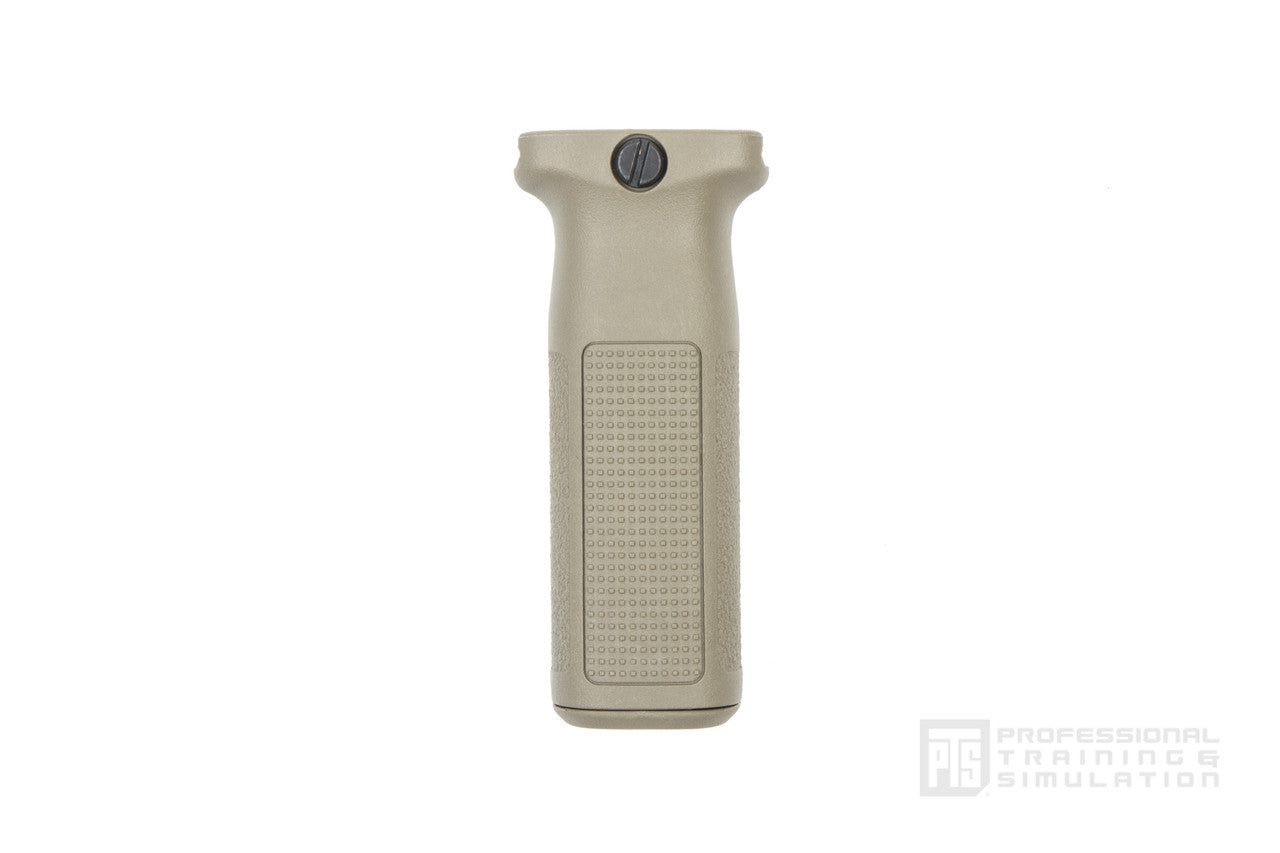 Tan PTS Enhanced Polymer Foregrip 2 with a textured surface and a top mounting bolt.