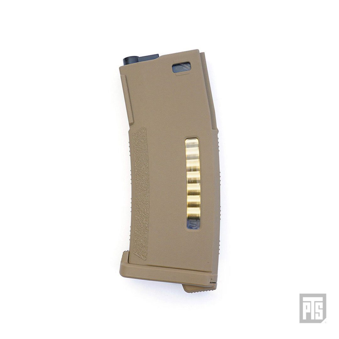 Tan curved PTS EPM AEG rifle magazine with a visible faux cartridge window.