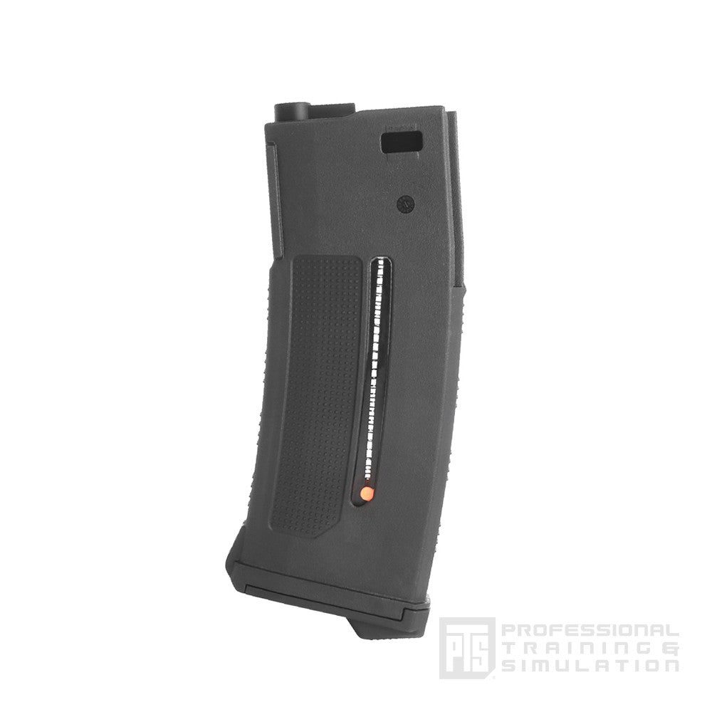 Black PTS EPM1 polymer rifle magazine with a vertical ammunition window indicator.