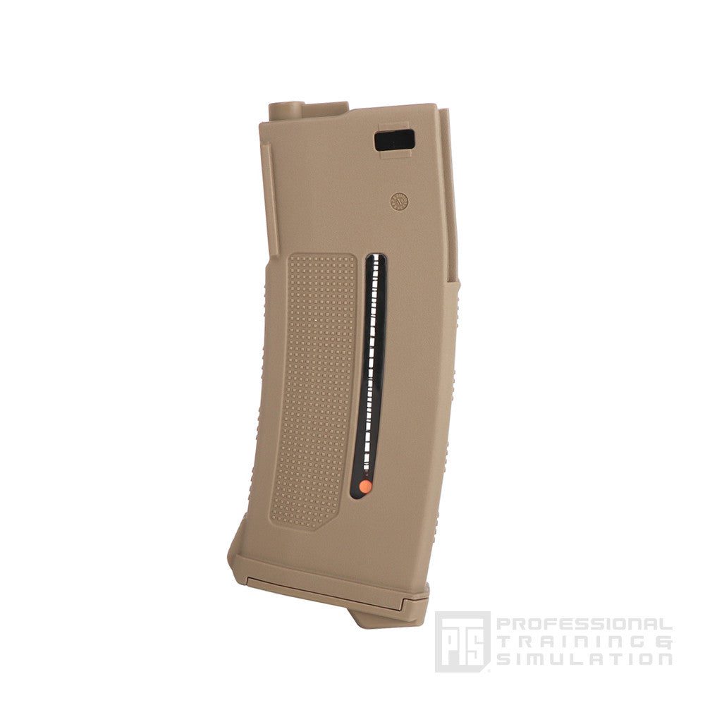 Tan PTS EPM1 rifle magazine with a clear ammunition indicator window.