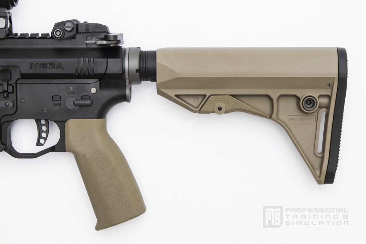 Tan PTS Enhanced Polymer Stock – Compact and pistol grip mounted on the lower receiver of a black rifle.