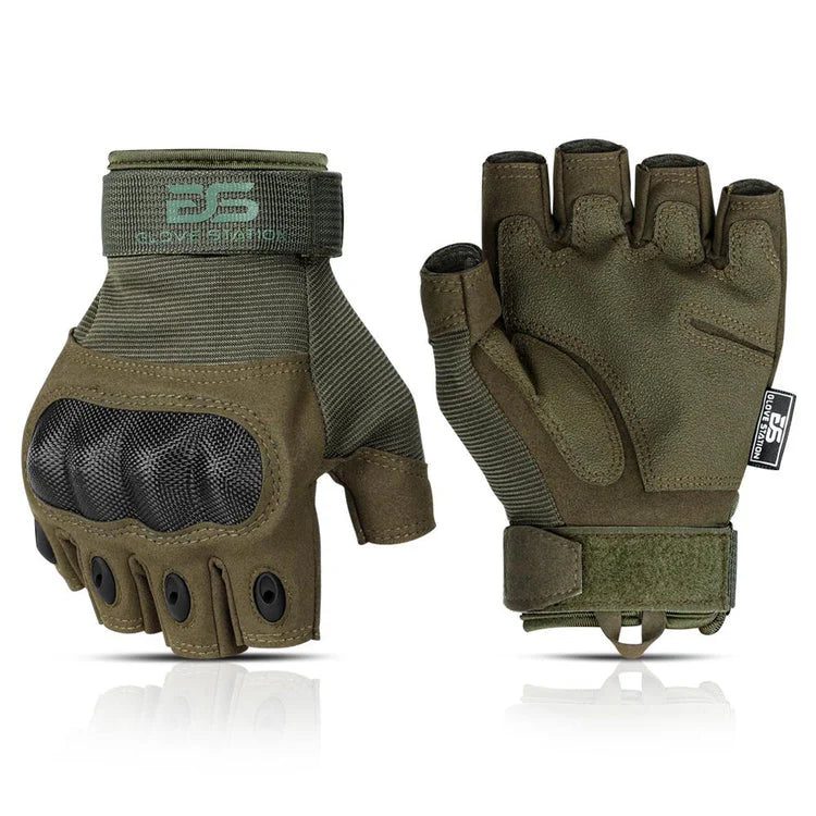 Olive green Glove Station Knuckle Pro - Fingerless gloves with hard knuckle protection, shown from the palm and the back of the hand.