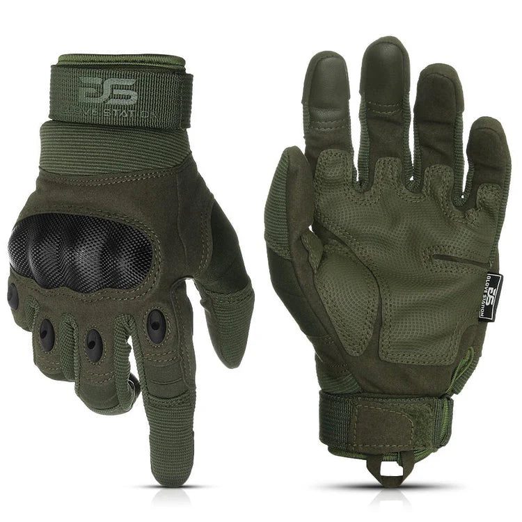 Glove Station Knuckle Pro Tactical Gloves in olive green, shown from the back with molded knuckle protection and from the palm side with reinforced grip panels.