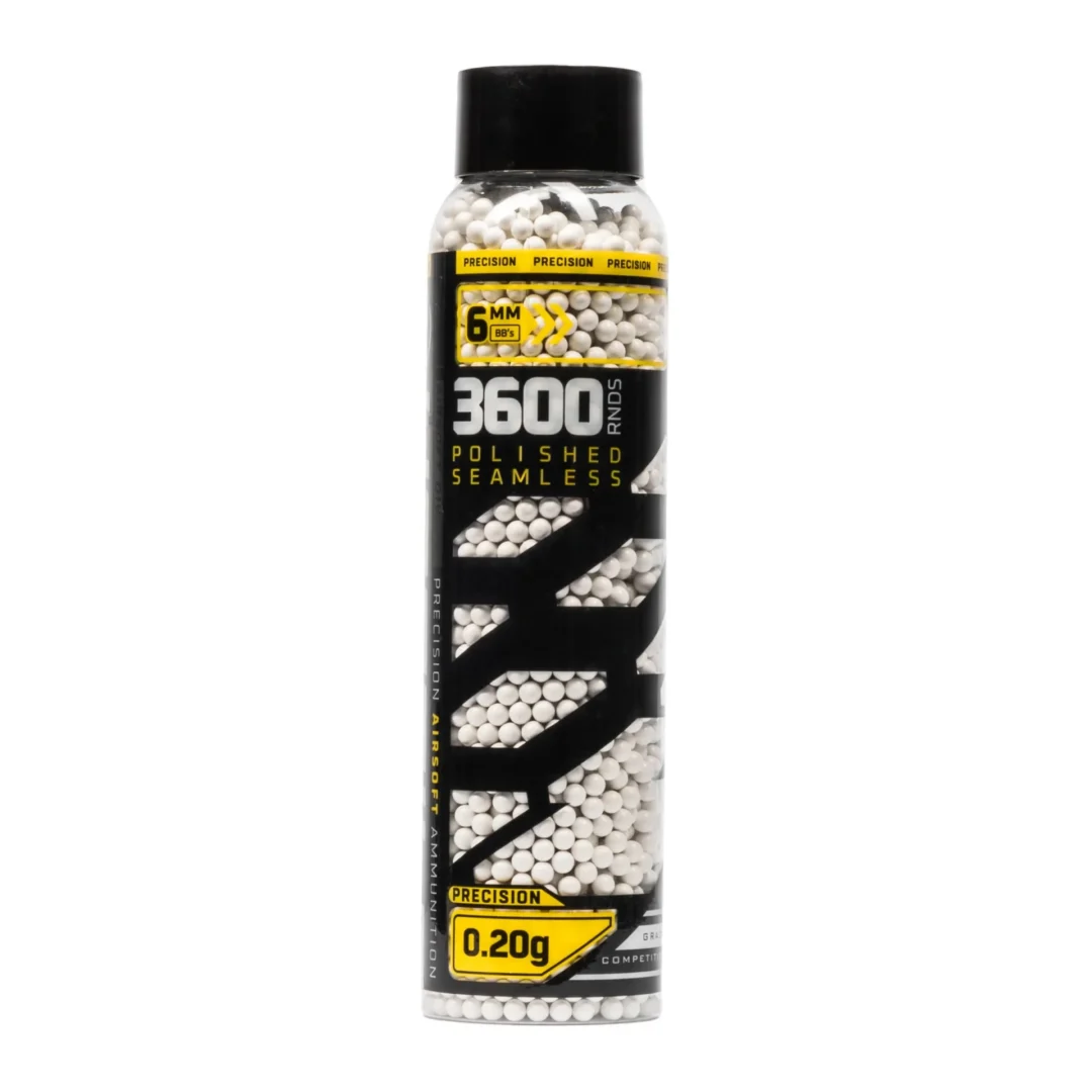 A cylindrical container filled with 3,600 HK Army Non-Bio White BB’s, each weighing 0.20g.