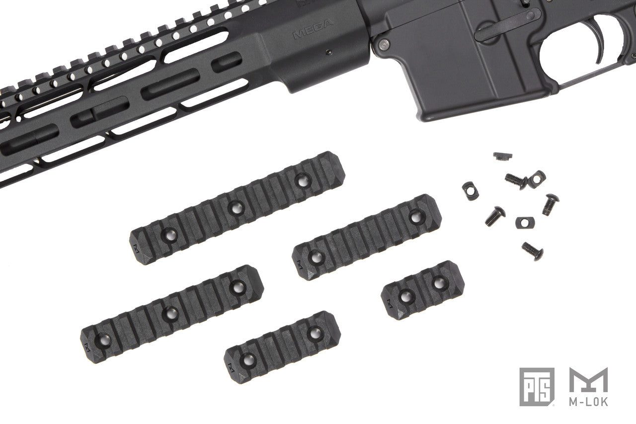 Four black PTS Enhanced Polymer Rail Section M-Lok sections for a handguard, with mounting screws and nuts arranged below a rifle receiver.