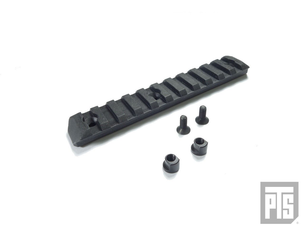 Black PTS Enhanced Rail section Keymod tactical rail section with two mounting screws and two nuts.