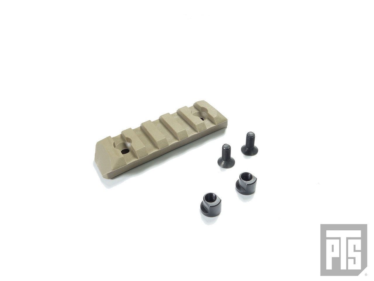Tan PTS Enhanced Rail section Keymod with two mounting screws and two nuts.