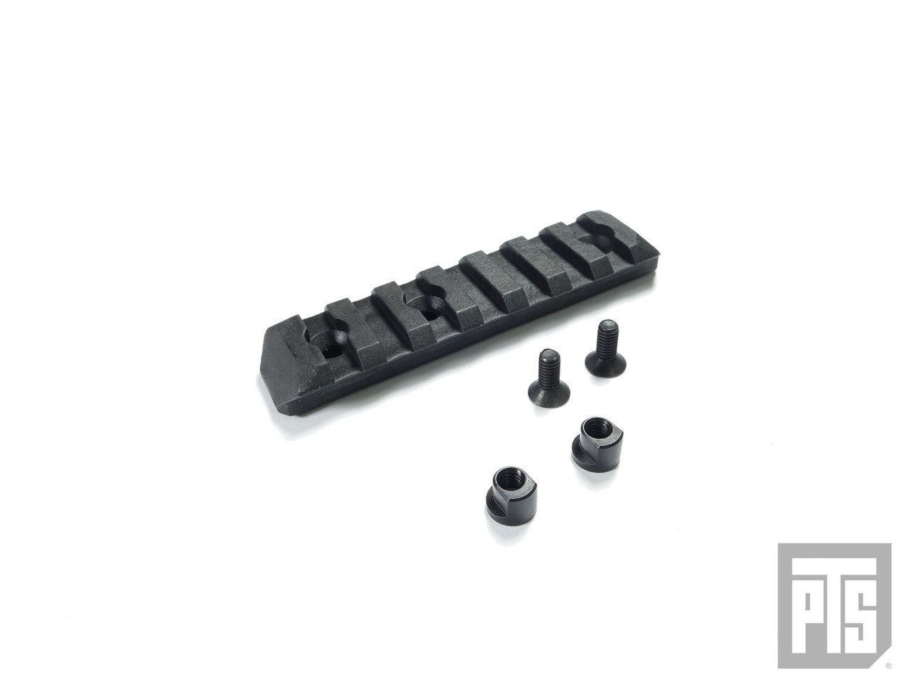PTS Enhanced Rail section Keymod, a black polymer rail section with two mounting screws and two mounting nuts.